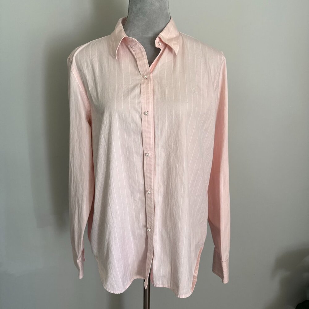 Lauren Ralph Lauren Women’s Pink Pin Stripe Pearl Button Down Collar Shirt Sz XL